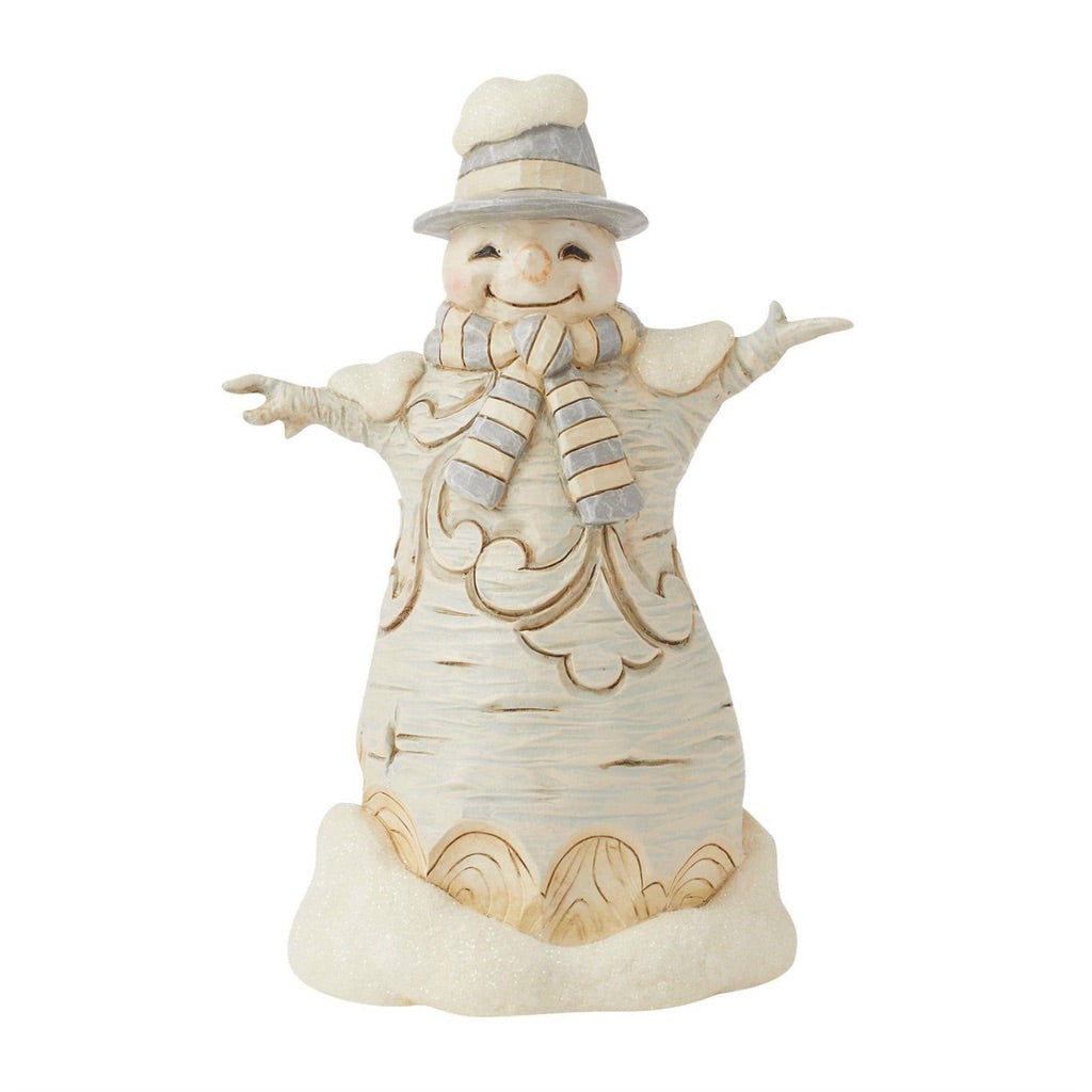 White Woodland Carved Snowman in Top Hat Figurine