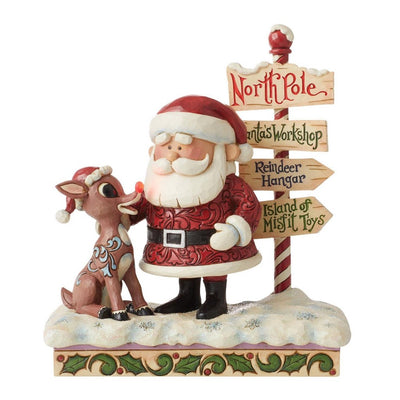 Jim Shore Rudolph And Santa Next To Sign Figurine