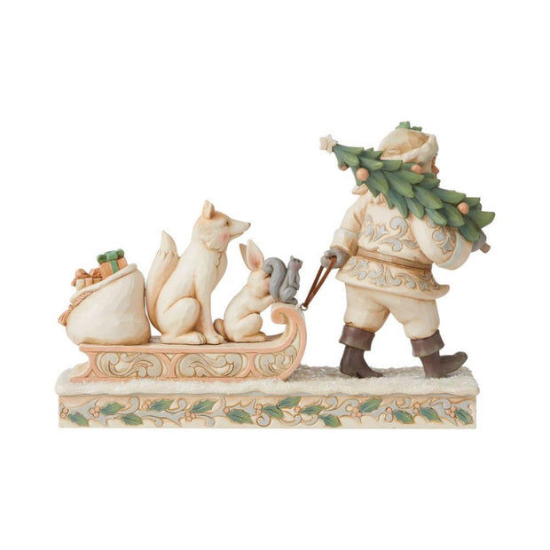 Jim Shore White Woodland Santa/Animals On Sled Figurine